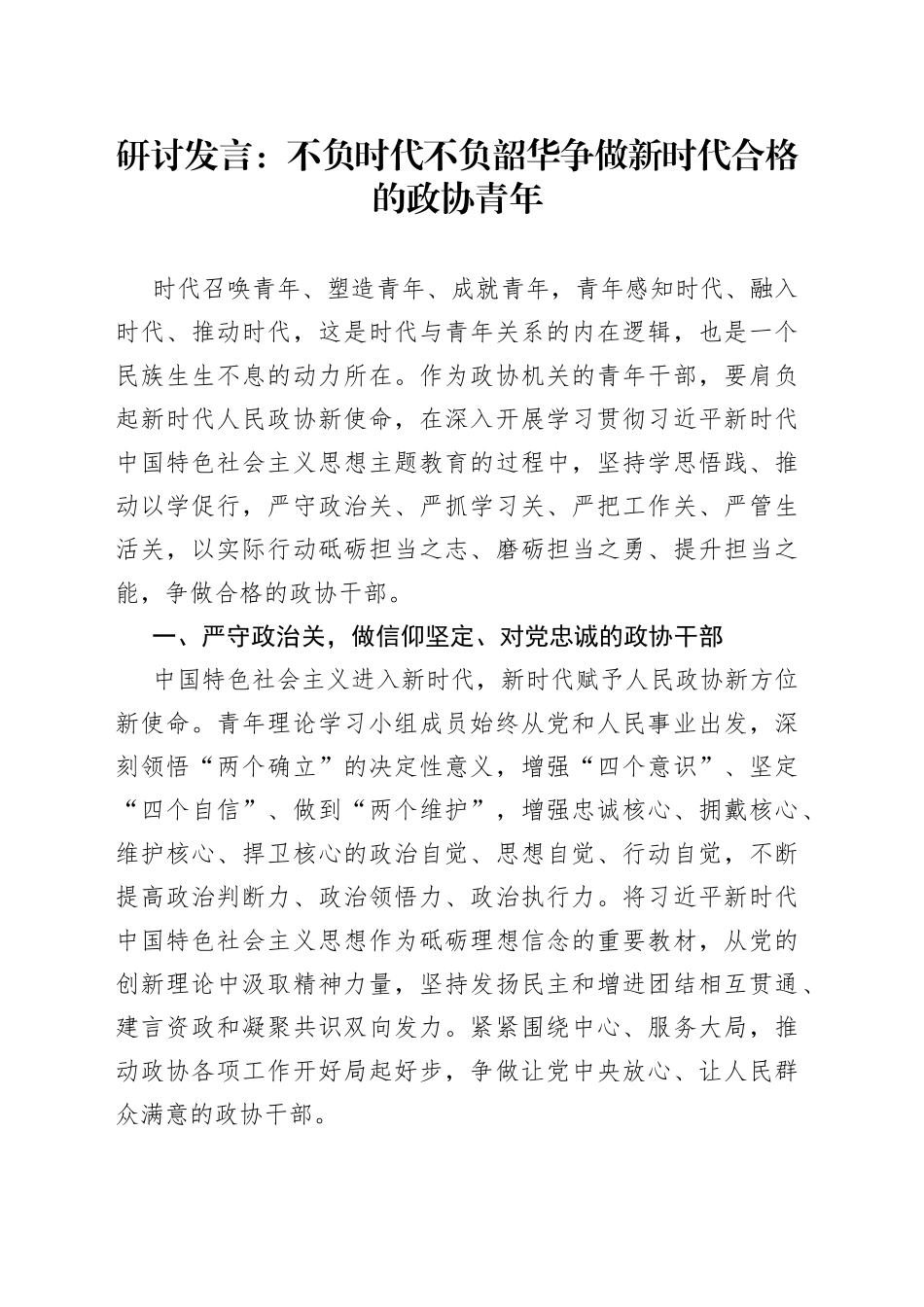 研讨发言：不负时代不负韶华 争做新时代合格的政协青年_第1页