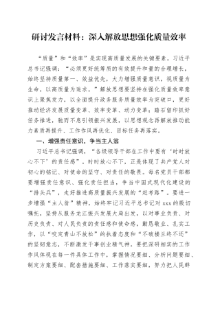 研讨发言材料：深入解放思想+强化质量效率