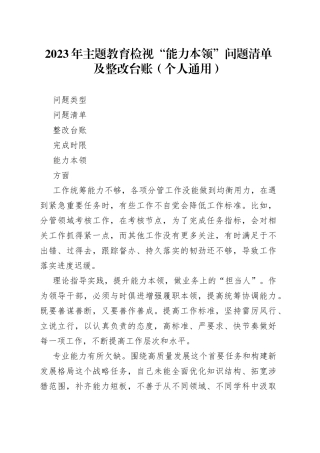 有关在2023年主题教育检视“能力本领”问题清单及整改台账（个人通用）