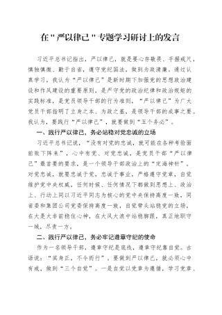 在＂严以律己＂专题学习研讨上的发言