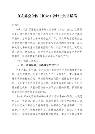在安委会全体（扩大）会议上的讲话稿