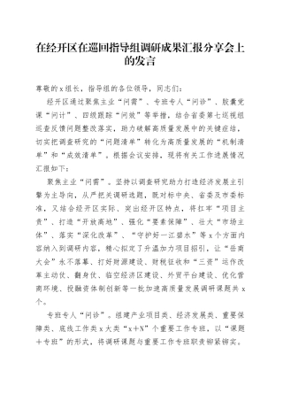 在经开区在巡回指导组调研成果汇报分享会上的发言