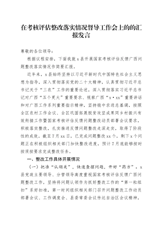 在考核评估整改落实情况督导工作会上的的汇报发言