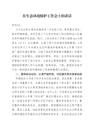 在生态环境保护工作会上的讲话