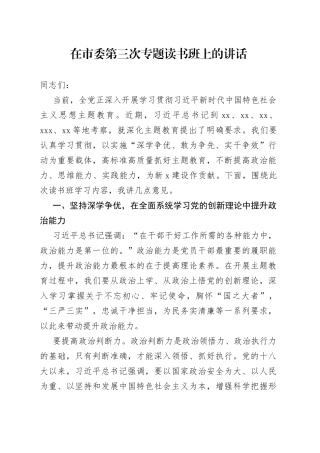 在市委第三次专题读书班上的讲话