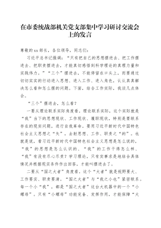 在市委统战部机关党支部集中学习研讨交流会上的发言