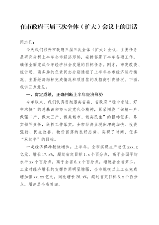 在市政府三届三次全体（扩大）会议上的讲话