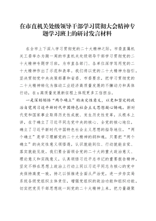 在市直机关处级领导干部学习贯彻大会精神专题学习班上的研讨发言材料