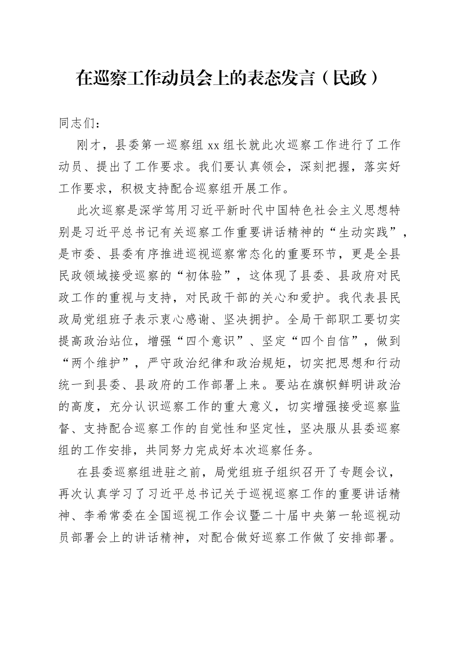 在巡察工作动员会上的表态发言（民政）_第1页