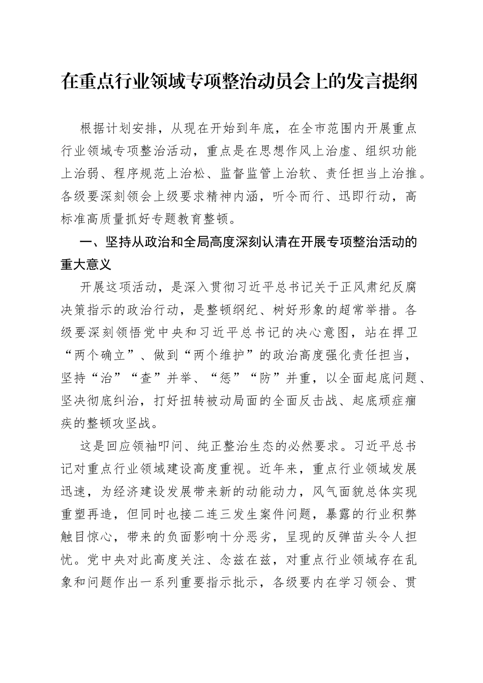 在重点行业领域专项整治动员会上的发言提纲_第1页