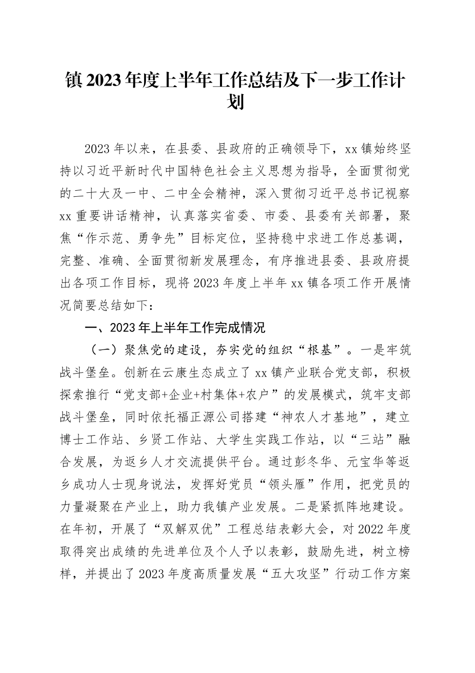 镇2023年度上半年工作总结及下一步工作计划（20230628）_第1页