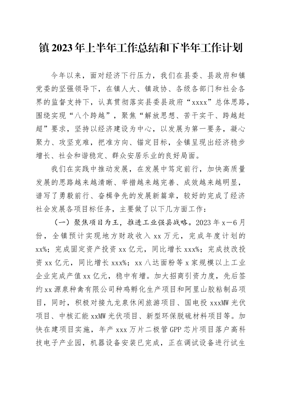 镇2023年上半年工作总结和下半年工作计划（20230905）_第1页