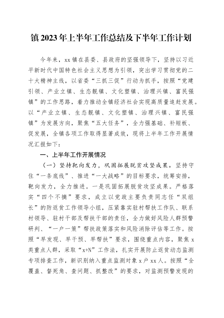 镇2023年上半年工作总结及下半年工作计划（20230913）_第1页