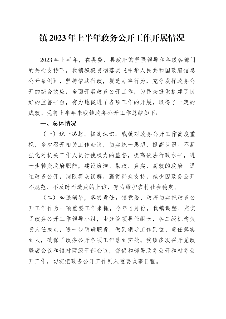 镇2023年上半年政务公开工作开展情况（20230607）_第1页