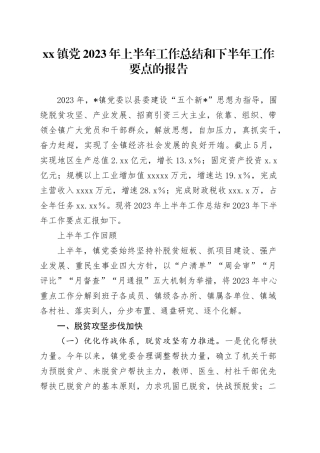 镇党2023年上半年工作总结和下半年工作要点的报告