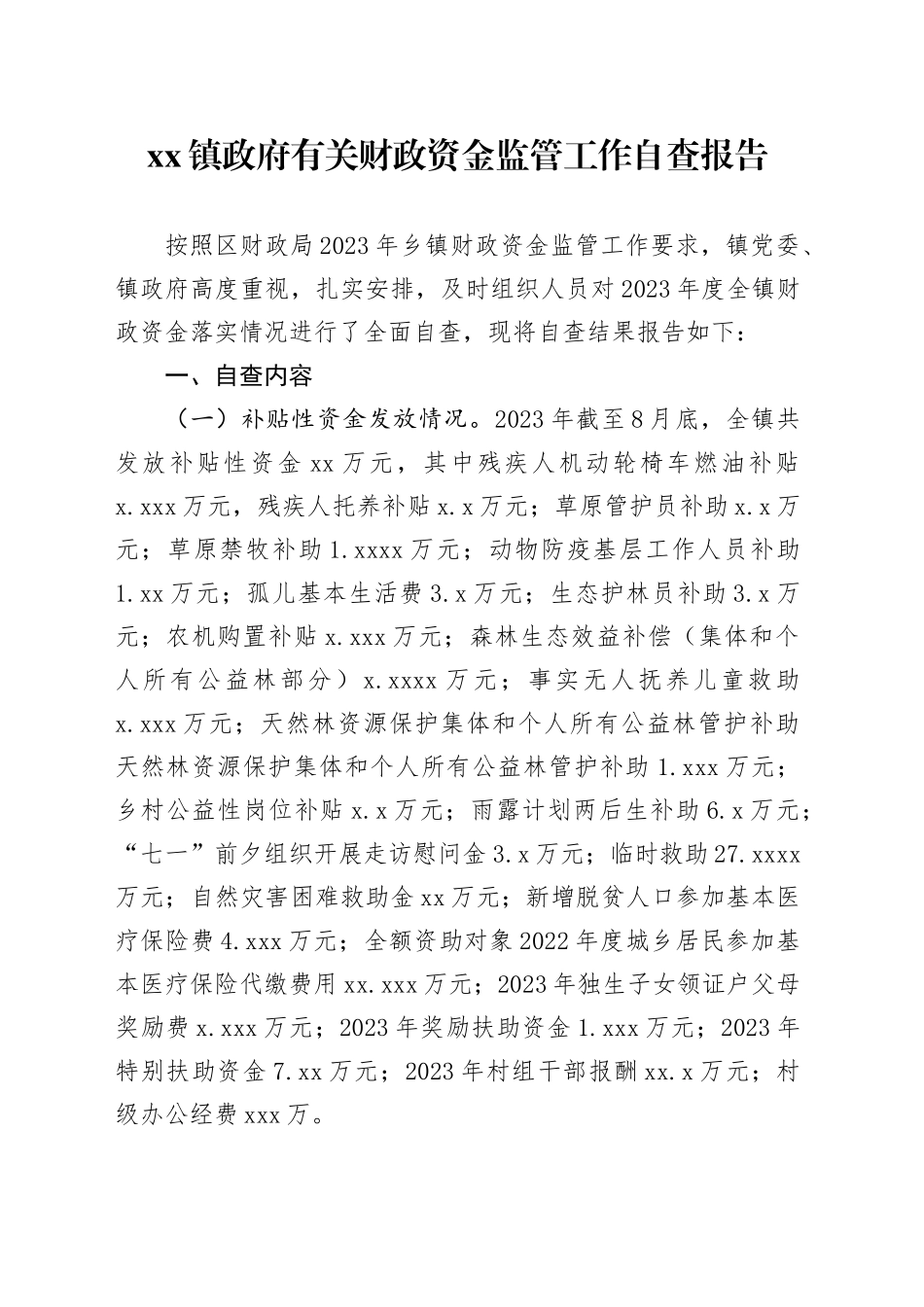 镇政府有关财政资金监管工作自查报告_第1页