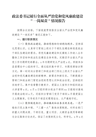 政法委书记履行全面从严治党和党风廉政建设＂一岗双责＂情况报告