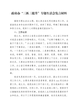 政府办“三抓三提升”专题生活会发言材料