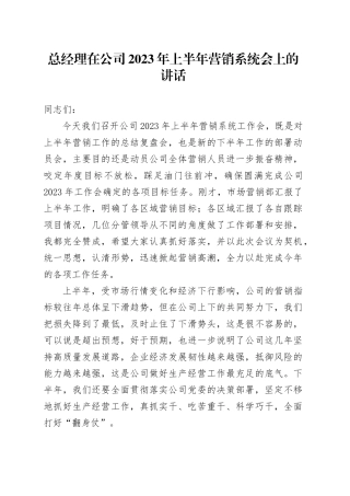 总经理在公司2023年上半年营销系统会上的讲话