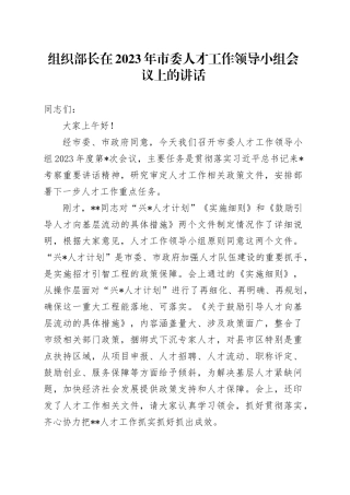 组织部长在2023年市委人才工作领导小组会议上的讲话