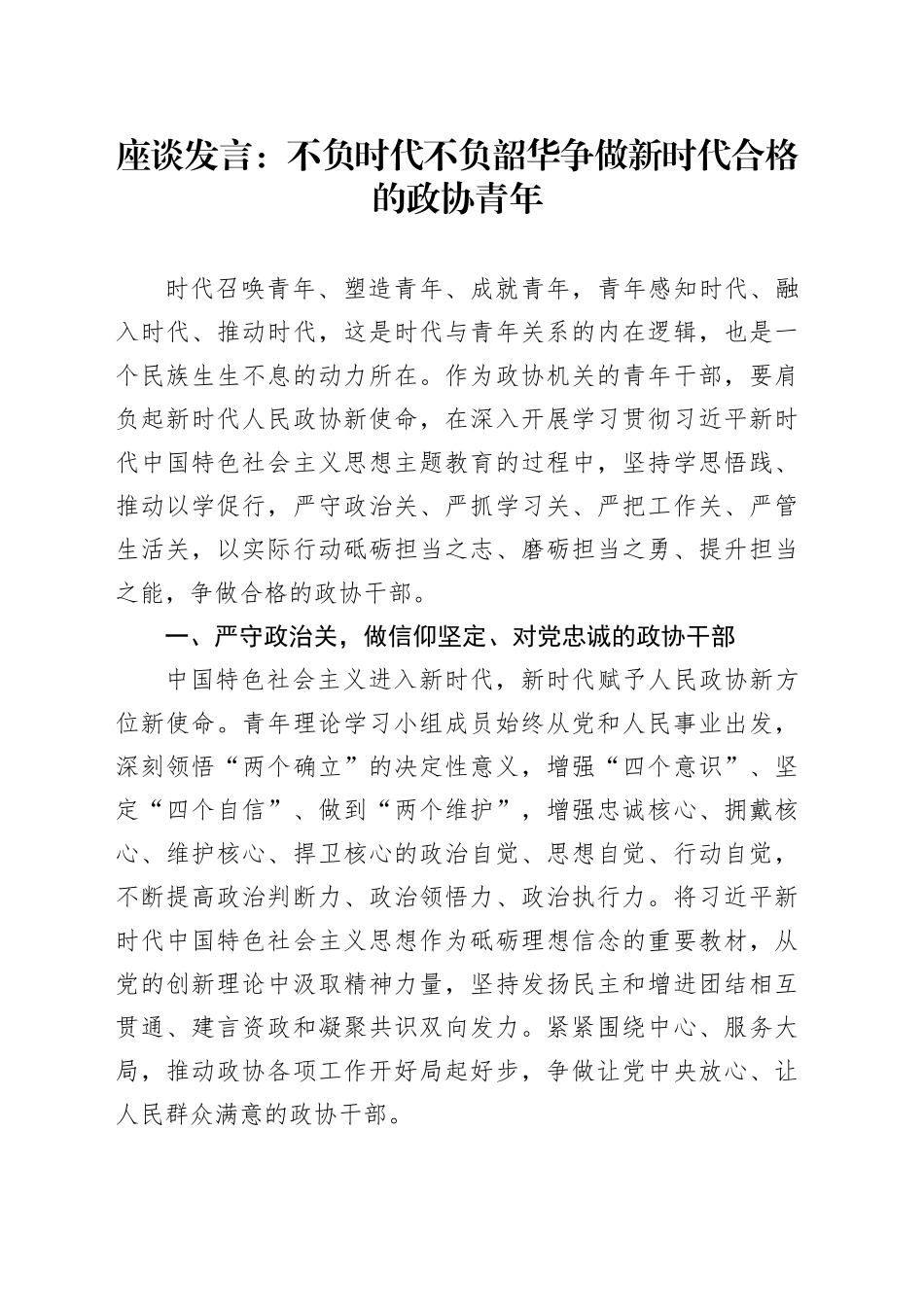 座谈发言：不负时代不负韶华 争做新时代合格的政协青年_第1页