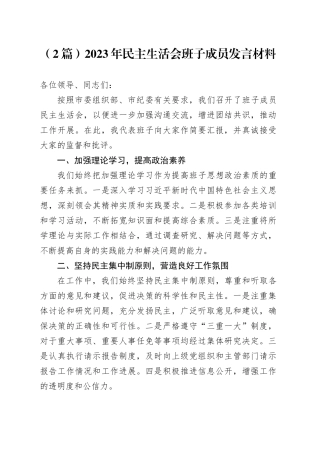 （2篇）2023年民主生活会班子成员发言材料