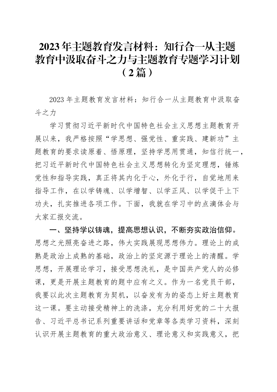 （2篇）2023年主题教育发言材料：知行合一从主题教育中汲取奋斗之力与主题教育专题学习计划_第1页