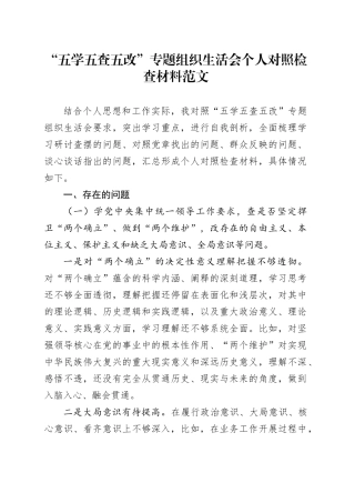 “五学五查五改”专题组织生活会个人对照检查材料范文