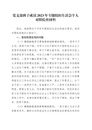 党支部班子成员2023年专题组织生活会个人对照检查材料