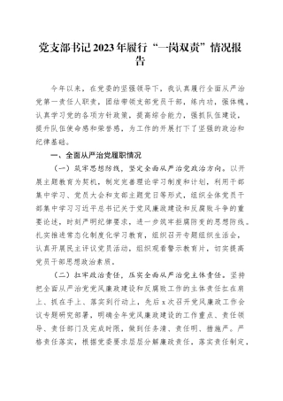 党支部书记2023年履行“一岗双责”情况报告