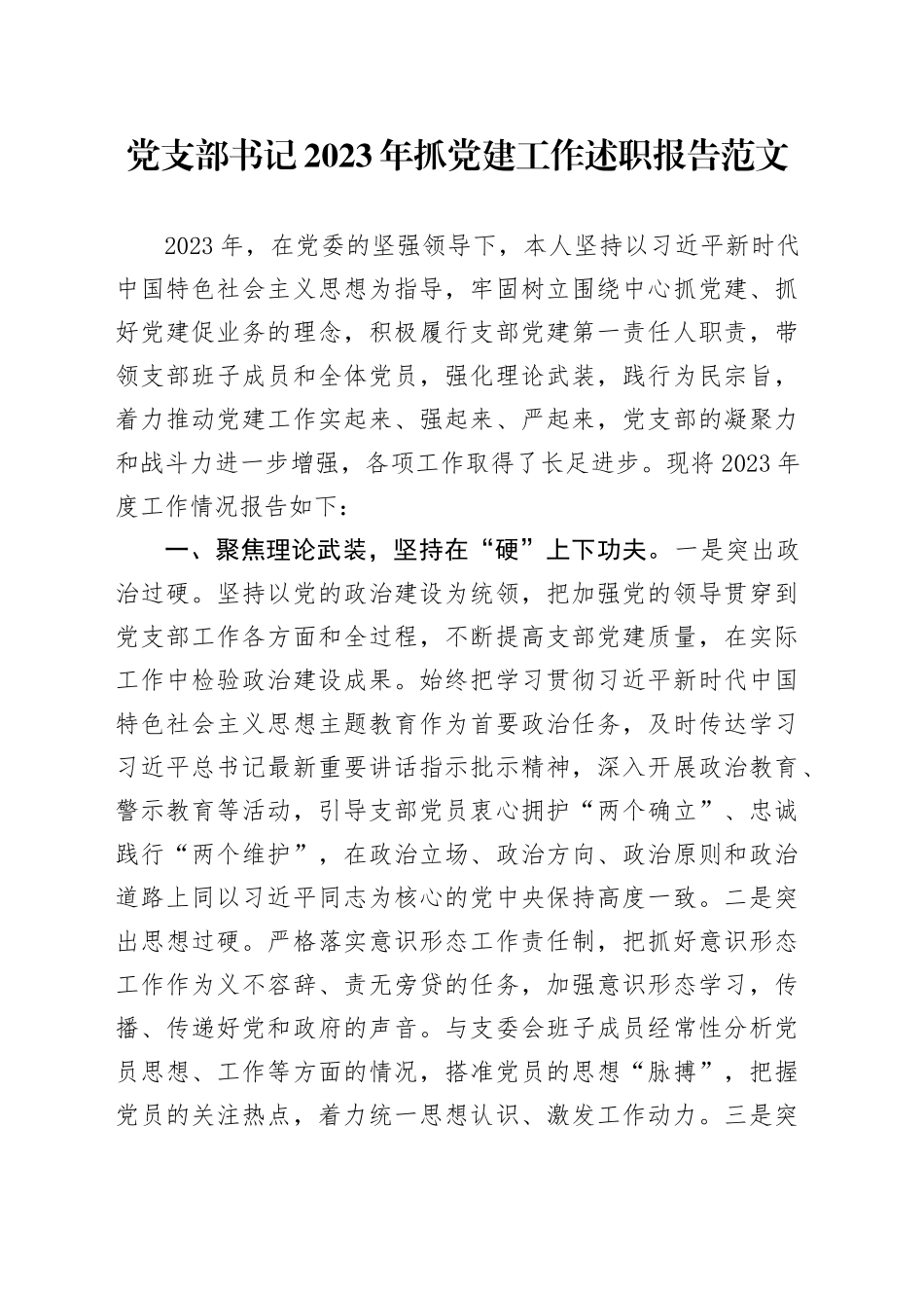 党支部书记2023年抓党建工作述职报告党的建设汇报总结_第1页