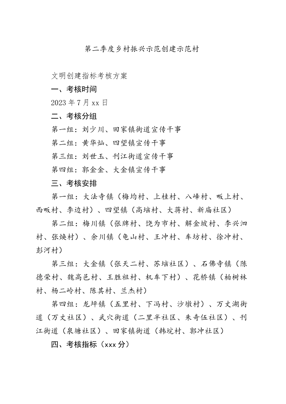 第二季度乡村振兴示范创建示范村文明创建指标考核方案_第1页