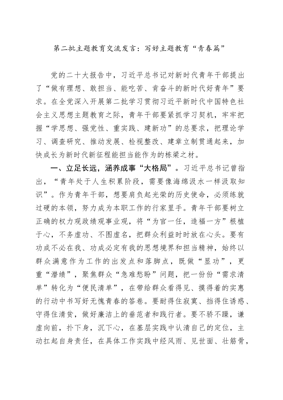 第二批主题教育交流发言：写好主题教育“青春篇”_第1页