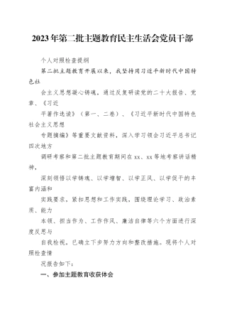 第二批主题教育民主生活会党员干部个人对照检查提纲20240102