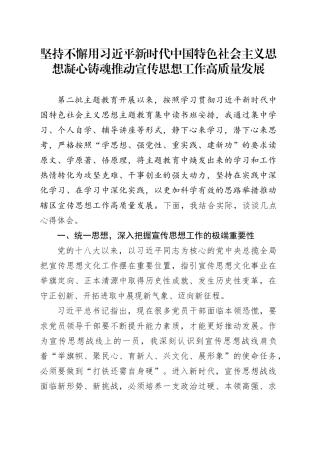 第二批主题教育学习心得体会交流发言：坚持不懈凝心铸魂，推动宣传思想工作高质量发展