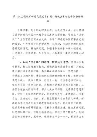 第二批主题教育研讨交流发言：凝心铸魂强本领实干担当谱新篇