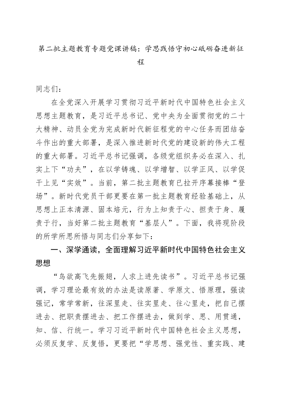 第二批主题教育专题党课：学思践悟守初心 砥砺奋进新征程_第1页