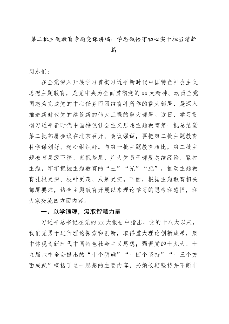 第二批主题教育专题党课：学思践悟守初心实干担当谱新篇_第1页