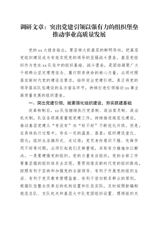 调研文章：突出党建引领以强有力的组织堡垒推动事业高质量发展