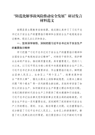 防范化解事故风险推动安全发展研讨发言材料安全生产心得体会