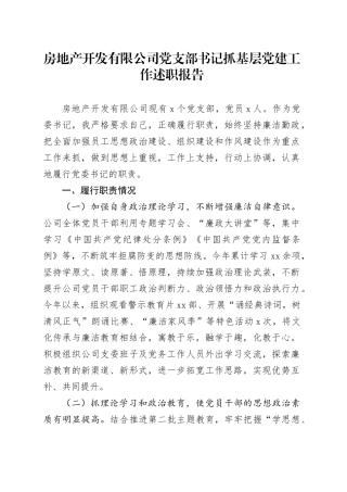 房地产开发有限公司党支部书记抓基层党建工作述职报告