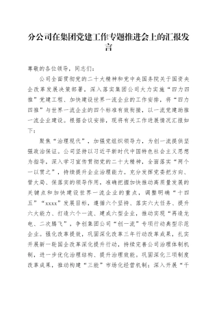 分公司在集团党建工作专题推进会上的汇报发言
