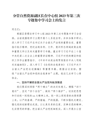分管自然资源副区长在中心组2023年第三次专题集中学习会上的发言