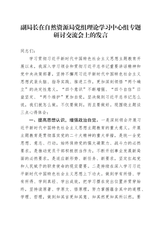 副局长在自然资源局党组理论学习中心组专题研讨交流会上的发言