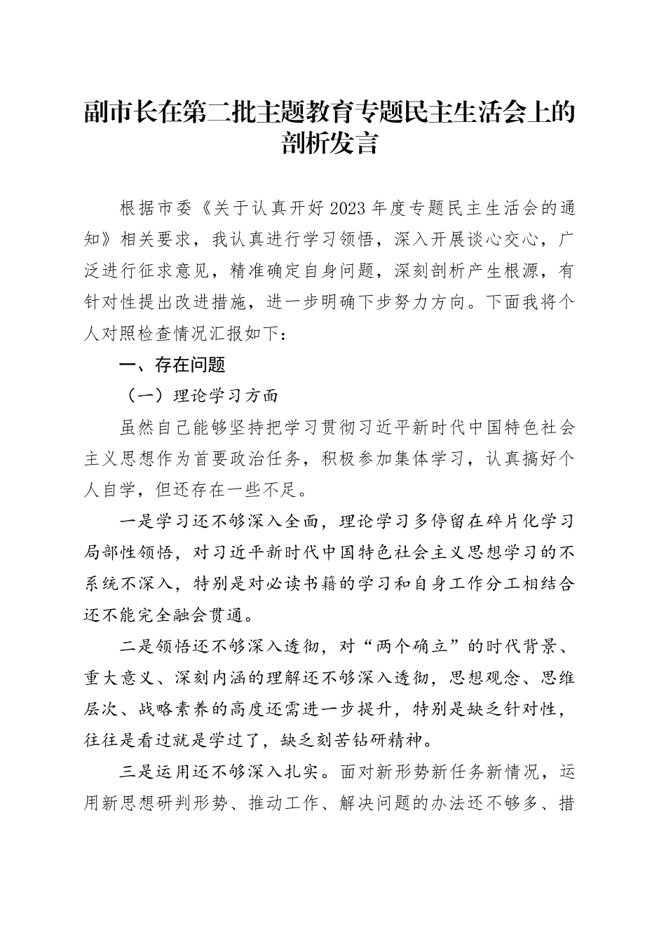 副市长在第二批主题教育专题民主生活会上的剖析发言_第1页