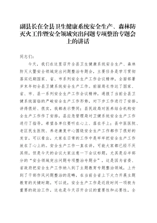 副县长在全县卫生健康系统安全生产、森林防灭火工作暨安全领域突出问题专项整治专题会上的讲话