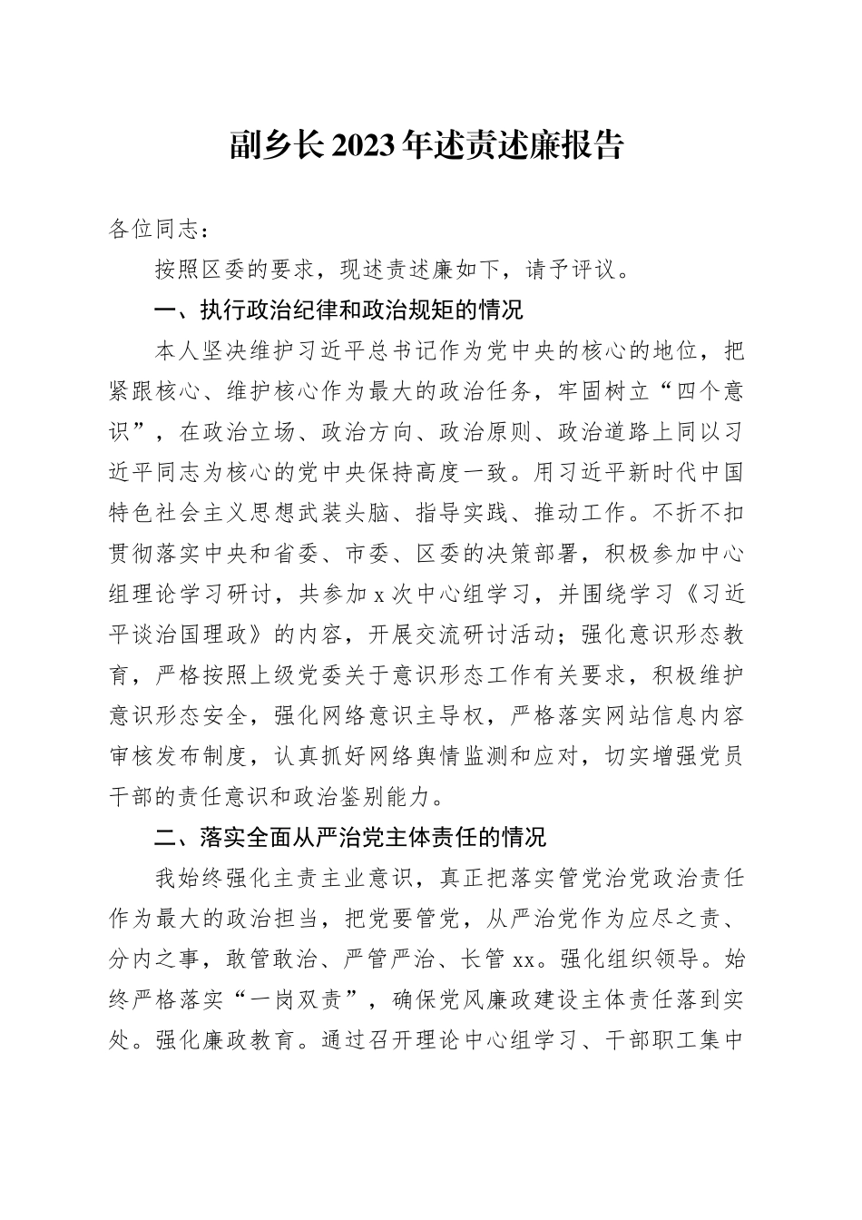 副乡长2023年述责述廉报告_第1页