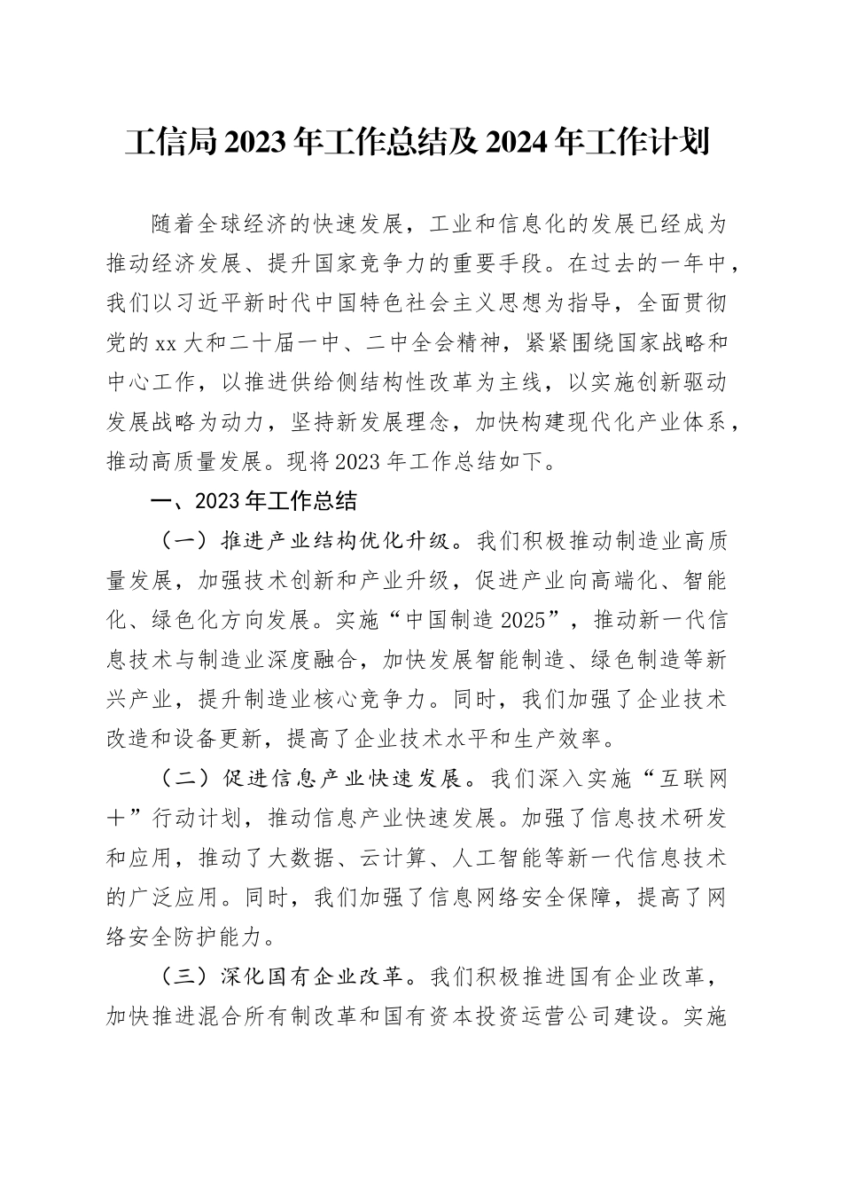 工信局2023年工作总结及2024年工作计划_第1页