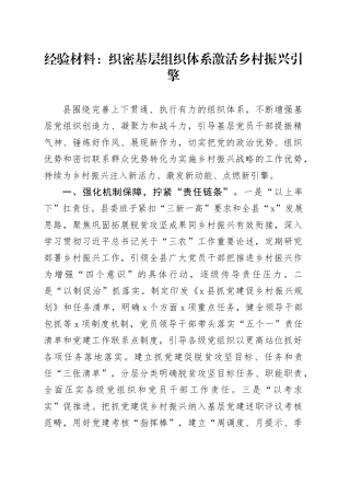 工作经验材料织密基层组织体系激活乡村振兴引擎总结汇报报告