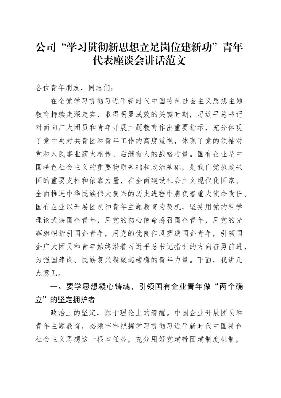 公司“学习贯彻新思想 立足岗位建新功”青年代表座谈会讲话第二批次主题教育年轻干部国有企业_第1页